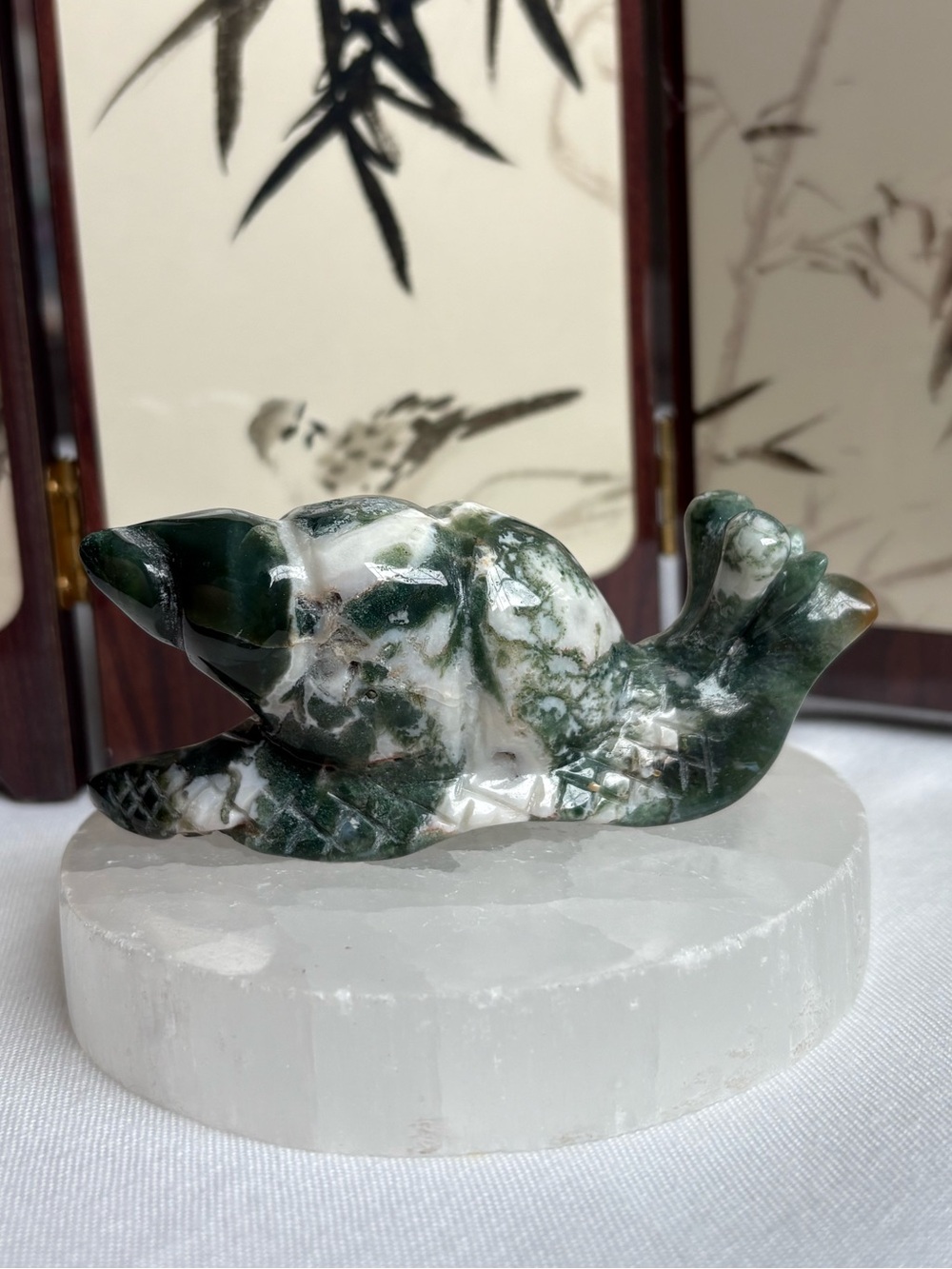 Moss agate crystal snail carving